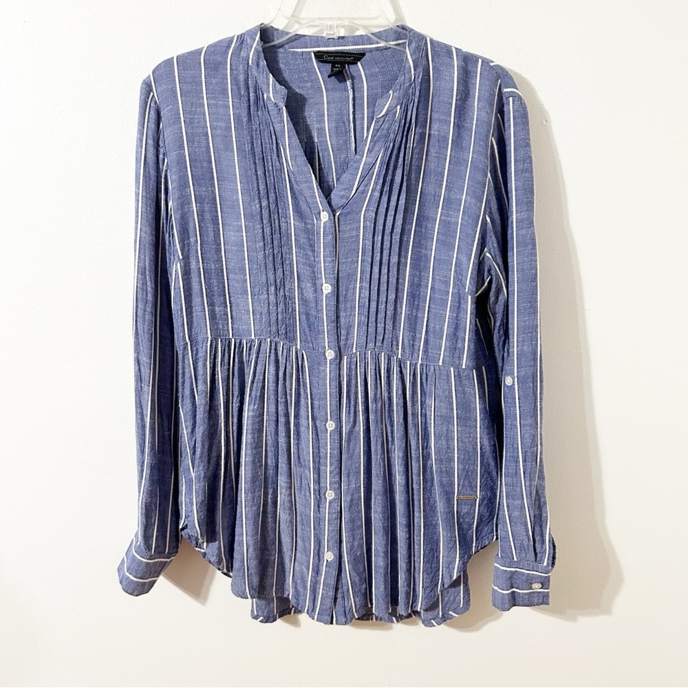 Coupe Collection Blue White Striped Peplum Like Hem Button-Down Blouse Pin Tuck